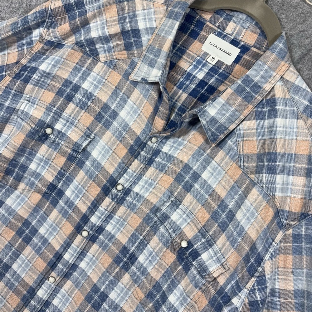 Lucky Brand Pearl Snap Flannel Shirt Mens XXL 2XL Blue Peach Plaid Lightweight